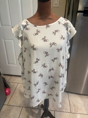 LOFT Cream Ruffle Sleeve Top with Brown Animal Print